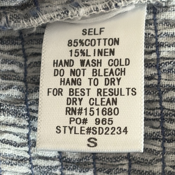 Storia Off The Shoulder Mini Dress Smocked Ruffle Cotton Linen Stripe Blue Sz S - Picture 10 of 10